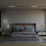 Minimalistyczna sypialnia z nowoczesnym oświetleniem i eleganckimi dekoracjami